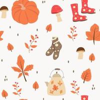 Seamless pattern with orange and yellow autumn leaves, with mountain ash, socks, and rubber boots, pumpkin, teapot. vector