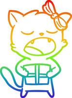 rainbow gradient line drawing cartoon cat with christmas present vector