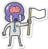 sticker of a cartoon crying big brain alien waving a flag vector