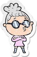 distressed sticker of a cartoon woman wearing glasses vector