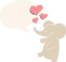 elefante de dibujos animados y corazones de amor y burbujas de habla en estilo retro vector