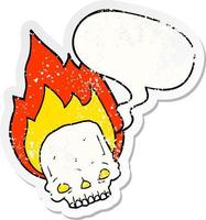 spooky cartoon flaming skull and speech bubble distressed sticker vector