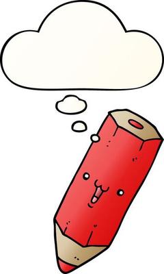 happy cartoon pencil and thought bubble in smooth gradient style