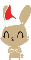 Linda ilustración de color plano de un conejo con gorro de Papá Noel vector