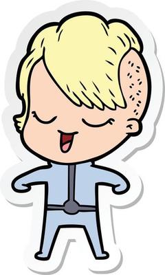 sticker of a happy cartoon girl in futuristic clothes