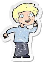 retro distressed sticker of a cartoon boy posing for photo vector