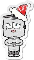 distressed sticker cartoon of a robot wearing santa hat vector