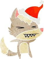 angry wolf retro cartoon of a wearing santa hat vector