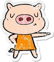 distressed sticker of a cartoon content pig in dress pointing vector