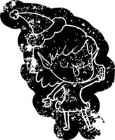 cartoon distressed icon of a elf girl wearing santa hat vector