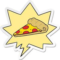 cartoon slice of pizza and speech bubble sticker vector