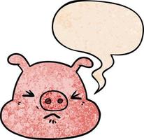 cartoon angry pig face and speech bubble in retro texture style vector