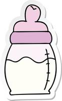 sticker of a quirky hand drawn cartoon baby milk bottle vector