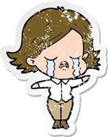 distressed sticker of a cartoon girl crying vector