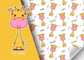 Cute cartoon giraffe character. Kids card and seamless background pattern. Hand drawn design vector illustration.