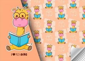 Cute cartoon giraffe character reading book. Kids card and seamless background pattern. Hand drawn design vector illustration.