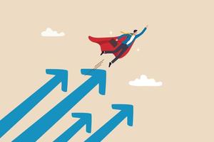 Growth for success, professional or expert to grow business, career development or leadership, winner motivation concept, businessman superhero flying high in the sky with growth rising up arrows. vector