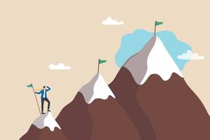 Ambition to success and achieve target, career growth or business goals, challenge to win, achievement or victory concept, motivated businessman reach mountain peak aiming to achieve higher targets. vector