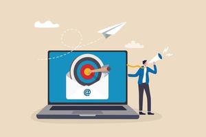 Email marketing, subscribe newsletter or sending online promotion to drive customer to website, communication and advertise concept, businessman with megaphone and targeting email on computer laptop. vector