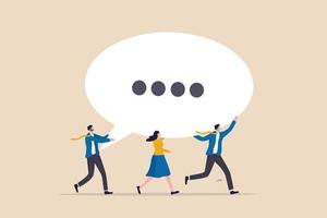 Team discussion, community or social feedback, communication or announcement dialog, team meeting concept, businessman and businesswoman team members help carrying big speech bubble with copy space. vector