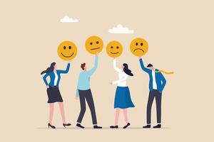Employee morale, team spirit, work passion or job satisfaction, worker wellbeing or feeling, attitude and motivation concept, businessman and businesswoman team showing emotion happy and sad faces.