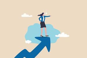 Woman leader, success businesswoman or female visionary to lead company, lady entrepreneur or feminine leadership concept, success businesswoman standing on growth arrow pointing to the bright future. vector