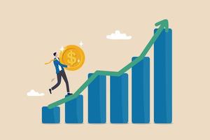 Investment graph, earning or profit from stock exchange or mutual fund, wealth management or asset growth concept, confidence businessman carry big dollar coin climb up rising up financial graph.