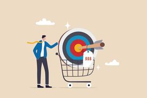 Marketing and pricing strategy to sell product, sale and discount, advertising target or market analysis concept, businessman marketer holding big arrow target with price tag in shopping cart. vector