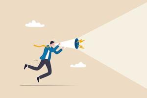 Announcement or storytelling, communication skill or shouting out loud, sending message or attention warning, speak or boss aggression concept, businessman boss shouting on megaphone or loudspeaker. vector