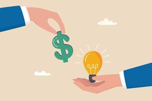 Funding startup idea, fundraising to start business, investor, venture capital or VC to financial support, budget or sponsorship concept, businessman hand give dollar money to lightbulb business idea.