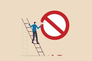 Prohibition or stop sign, forbidden, unlawful or not allow to do, attention and warning sign, banned or illegal concept, businessman climb up ladder to paint prohibition symbol on the wall. vector