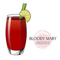 Bloody Mary cocktail, hand drawn alcoholic drink with lemon slice and celery. Vector illustration