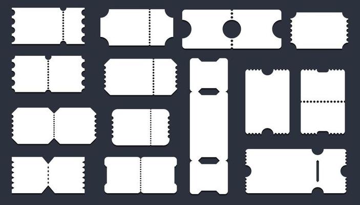 Set of tickets template of different forms. Tickets mockup for cinema, theater, show. Big collection of tickets template