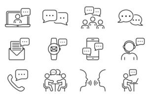 Online Text Message in Chat, Interview Talk Line Icon Set. Community People Talk on Video Conference Outline Icon. Person Communication Linear Pictogram. Editable Stroke. Isolated Vector Illustration.