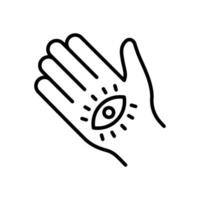 Mystic Hand Palm and All Seeing Eye Line Icon. Magic Providence Fatima Pictogram. Hamsa Egypt Esoteric Occult Amulet Outline Icon. Khamsa Conspiracy. Editable Stroke. Isolated Vector Illustration.
