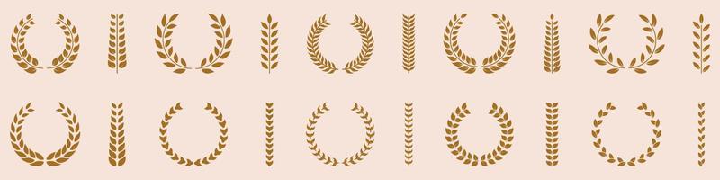 Gold Chaplet Winner Reward Silhouette Icon Set. Golden Laurel Wreath Round Olive Branch Pictogram. Glory Foliate Twig Circle Award Emblem Achievement. Isolated Vector Illustration.