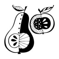 Set Apple Pear doodle hand drawn black outline logo icon silhouette one closeup, isolated, white background. vector