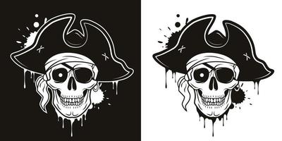 Pirate skull with eye patch, hat, bandana, glowing eye. Vector hand drawn cartoon illustration isolated on white and black background