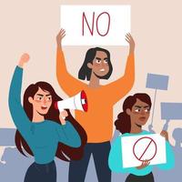 Women with placards and loudspeakers at the protest. Fight for equality, women's rights. Vector flat illustration