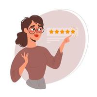 Girl gives 5 stars feedback. High customer service rating, positive business reputation concept