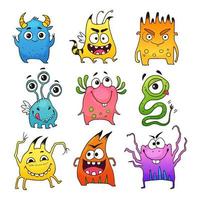 Vector set of cute cartoon monsters. Funny characters in doodle style