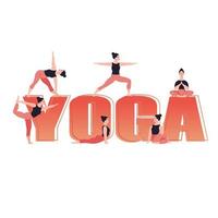 Yoga text. Young woman practicing yoga and meditation. Girl doing different yoga poses. Flat vector illustration