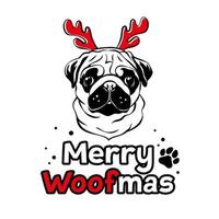 Cute pug with red red reindeer antlers. Christmas pug dog portrait. Merry woofmas text. Vector illustration