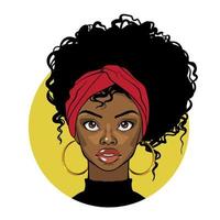 Cartoon black woman with curly hair red turban and golden earrings vector