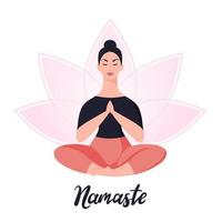 Woman meditates in yoga lotus pose. Vector illustration