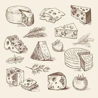 Hand drawn pieces of cheese, tomatoes, greens. Vector sketch, organic food illustration