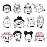 conjunto de rostros de personas. ilustración vectorial dibujada a mano en estilo garabato vector