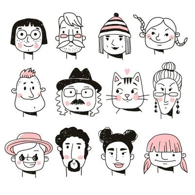 Set of people's faces. Hand drawn vector illustration in doodle style