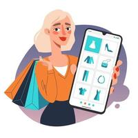 mujer joven hace compras en línea usando una aplicación móvil en un teléfono inteligente vector