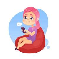 Cute girl with pink hair sitting on a bean bag uses a smartphone vector